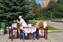 Прополис и перга на продаже в пластиковой посуде